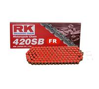 Cadena de moto roja RK FR420SB con 116 ruedas y cierre de clip abierto