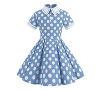 Cadena de pantalones E Girl para niños y niñas, vestido vintage de lunares, manga corta, cuello vuelto, vestido de fiesta, vestido negro hasta la rodilla, azul claro, 9-10 años