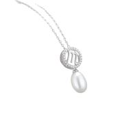 Cadena de plata 925, collar para mujer, 12 signos del zodiaco con perla de 7 x 9 mm, circonitas blancas, collares con colgante, Plata esterlina, Circonia cúbica