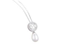 Cadena de plata 925, collar para mujer, 12 signos del zodiaco con perla de 7 x 9 mm, circonitas blancas, collares con colgante, Plata esterlina, Circonia cúbica