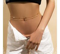 Cadena para el cuerpo chapado en oro XL Chapas dobles doradas con lentejuelas y cuentas Cadena de cintura Joyas para el cuerpo para mujer (oro a)