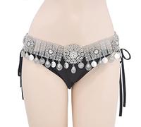 Cadenas de metal vintage para el vientre, cadena de cintura de baile con flores talladas bohemias, moneda, borla, cinturón para vestido, cuerpo (plata, 112cm)