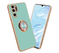 Cadorabo Estuche Compatible con Huawei P30 Pro en Glossy Turquesa - Oro con Anillo - Funda Protectora Fabricada en Silicona TPU Flexible, protección de cámara, Soporte magnético para el Coche