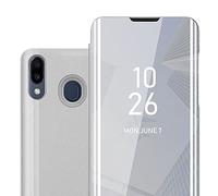 Cadorabo Funda Compatible con Samsung Galaxy M20 en Agata Plata - Funda Protectora Clear View Mirror - Funda ultradelgada Funda Etui con función de Soporte Protección de 360 Grados