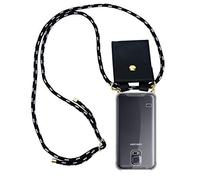 Cadorabo Funda con Cuerda para Samsung Galaxy S5 / S5 Neo en Negro Plata - Cubierta Protección Collar para Colgar di TPU Silicona Transparente con Anillos OROS, Cordon y Estuche Removible