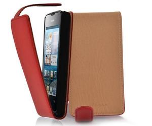 Cadorabo Funda para Huawei Ascend Y300 in Rojo Infierno - Cubierta Proteccíon Estilo Flip de Cuero Sintético Estructuro - Etui Case Cover Carcasa