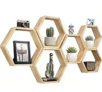 CADUKE Juego de 6 estantes flotantes hexagonales hexagonales de Madera para Almacenamiento de Granja, estantes Colgantes hexagonales, estantes geométricos rústicos para guardería, Dormitorio