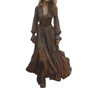 Café,M,Vestidos Largos para Mujer, Vestido Largo Elegante Vintage de los años 70, Vestido Fluido de Manga Larga con Escote en V y Dobladillo con Abertura, Vestido Informal de otoño