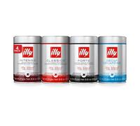 Café Molido Illy 100% Arábica para Expreso, Latas de 250 g - 1 x Tueste CLASSICO + 1 x Tueste INTENSO + 1 x Tueste FORTE + 1 x DECAFFEINATO