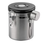 Café Olé Recipiente de acero inoxidable para almacenamiento de café molido y grano, 750 g, esfera de seguimiento de día/fecha, cuchara medidora, sello hermético al vacío, color plateado