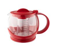 Café Olé Shut Off Tetera, roja, 1200 ml / 4-6 tazas, cuerpo de vidrio transparente, carcasa de plástico, tetera con cesta infusora, colador de hojas sueltas, apta para lavavajillas