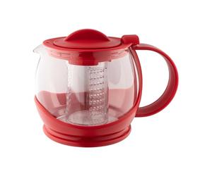 Café Olé Shut Off Tetera, roja, 1200 ml / 4-6 tazas, cuerpo de vidrio transparente, carcasa de plástico, tetera con cesta infusora, colador de hojas sueltas, apta para lavavajillas