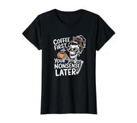 Café Primero Tu Tontería Más Tarde Cafeína Beber Esqueleto Camiseta gráfica económica, Mujer, Negro, M