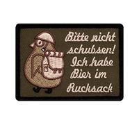Café Viereck ® Bitte nicht Schubsen Ich Habe Bier im Rucksack - Fun Patch mit Klett Penguin mit Helm und Stiefeln - 7 cm x 5 cm
