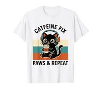 Cafeína Fix Paws & Repeat Café Negro Cat Auriculares Retro Camiseta