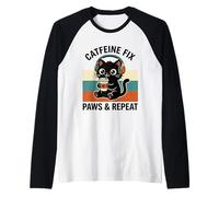 Cafeína Fix Paws & Repeat Café Negro Cat Auriculares Retro Camiseta Manga Raglan