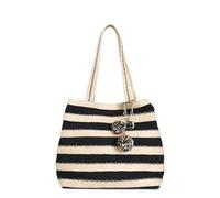 CafèNoir - Bolsa de la compra de rafia y lona, con colgante con pompón, para mujer, talla única, Negro , Talla única