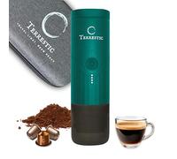 Cafetera expreso eléctrica portátil Terrestic Dose + estuche rígido de viaje - Para café molido y cápsulas Nespresso, funciona con pilas y se carga por USB-C, ideal para coche, camping (Verde azulado)