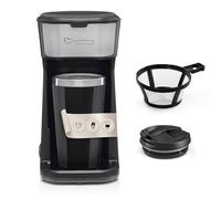 Cafetera individual Barista para llevar 450 W, compacta cafetera de filtro con taza térmica, pequeña y portátil, incluye vaso térmico y filtro permanente de nailon, color negro y plateado