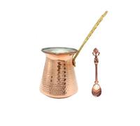Cafetera turca de 5 tamaños, cafetera griega árabe, gruesa de 3 mm, maciza martillada, hecha a mano, de cobre grabado Cezve Ibrik Briki con mango de madera y latón largo para 2-8 tazas (2 tazas)