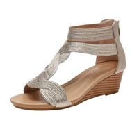 CAFETU Sandalias de cuña para mujer, bohemias, puntera abierta, cremallera romana, plataforma trasera, vestido de verano, sandalias de playa para mujer, Dorado, 38.5 EU