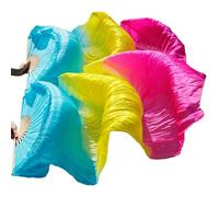 CaFfen Abanico Velo De Seda Danza Abanico de Seda auténtica for Danza del Vientre for Mujer, velos abanicos for, Color arcoíris(Blue Yellow Fuchsia,1pc Right hand-180cm)