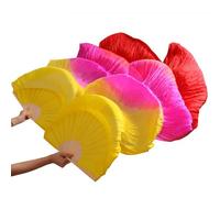 CaFfen Abanico Velo De Seda Danza Abanico de Seda auténtica for Danza del Vientre for Mujer, velos abanicos for, Color arcoíris(Yellow Fuchsia Red,1pc Right hand-180cm)