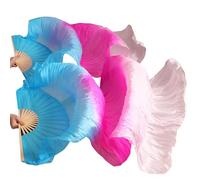 CaFfen Abanico Velo De Seda Danza Abanico de Seda auténtica for Danza del Vientre for Mujer, velos abanicos for, Color arcoíris(Blue Fuchsia White,1pc Right hand-180cm)