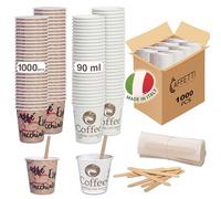 Caffetti 1000 vasos de café + 1000 paletas - Vasos de papel de 90 ml fabricados en Italia, paletas de madera de abedul reciclables, para restaurantes, oficinas, para llevar, bares, expreso