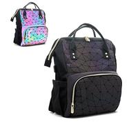 CAFINY Mochila geométrica para mujer, diseño geométrico, brillante, grande, iridiscente, con puerto USB, holográfica, bolsa de viaje holográfica, mochila retro para uso casual, universidad, trabajo