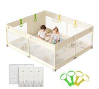 Cafolatt Parque infantil Bebe con Acolchado - Corralito Bebe 150×180cm con Suelo Acolchado, Base Estable, Tela Transpirable y Totalmente Seguro(Beige)