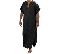 Caftán de lino negro para hombre con cuello en V y mangas enrollables, ajuste holgado, bata larga para uso diario, salidas de verano, playa, descansar y estilo bohemio vintage