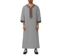 Caftan Hombre Marroquí Bordado Cuello V - Djellaba Qamis Thobe Hombre Árabe Estilo Islámico Oriente Medio Manga Ancha Vestido para Oración Ramadan Eid Boda Mezquita Regalo Túnica Elegante, gris, L