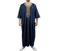 Caftán marroquí Thobe Gandoura, ropa tradicional árabe islámica con bordado, bata de manga corta Jubba holgada, vestido Abaya para oración de Ramadán Eid, azul marino, M