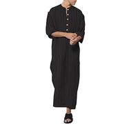Caftán Thobe Juba de algodón y lino para hombre, bata musulmana de manga larga a rayas con botones en la parte delantera y bolsillos, ropa árabe de ajuste holgado, traje islámico tradicional para