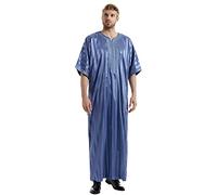 Caftán Thobe Jubba de manga corta para hombre, bordado con cuello en V, tela brillante, tela musulmana árabe, ropa islámica de ajuste holgado, ideal para oración, Ramadán, Eid, bodas y ocasiones de