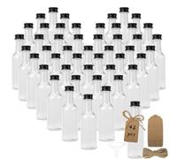 Cafultgo 48 mini botellas de plástico - 50 ml, botellas pequeñas de schnaps con tapas negras, etiquetas de papel kraft, mini botella con embudo, mini botella de relleno para bodas