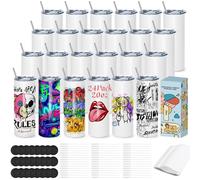 Cafultgo Set de 24 sublimación blancos delgado vaso 20 oz blanco recto a granel vaso de acero inoxidable, con tapa y paja, contracción envoltura, individualmente en caja (24PCS)