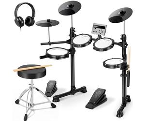 CAHAYA Batería eléctrica para principiantes, batería electrónica portátil, 150 sonidos, 15 kits de batería básica con 2 pedales, 2 baquetas, auriculares, trono, compatibilidad USB/MIDI para adultos y