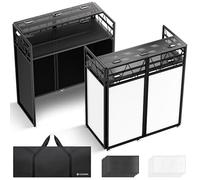 CAHAYA DJ Booth Stand - Mesa plegable para DJ con doble estante para ordenador portátil y controlador, altura regulable, scrims negro/blanco, bolsa de transporte, aberturas para cables, 103,5 x 50 cm