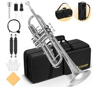 CAHAYA Juego de trompeta estándar BB: instrumento de trompeta de latón para estudiantes con estuche rígido 7C, guantes de boquilla para principiantes o avanzados, color plateado
