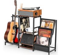 CAHAYA Soporte 4 en 1 para Guitarra Discos - Estantería para 200 LPs con soporte para 2 guitarras - Almacenamiento para Tocadiscos, Guitarra Acústica, Eléctrica Bajo
