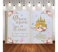 Caheansi Once Upon a Time - Telón de fondo rosa floral dorado con castillo, mariposas, princesa, cuentos de hadas, libros de fotografía, fondo de fiesta de cumpleaños para niñas, decoración de mesa de