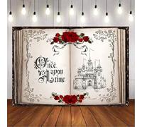 Caheansi Once Upon a Time - Telón de fondo vintage de 3 x 2 m, diseño vintage con flores rojas y doradas, castillo de princesa, cuentos de hadas, fondo de fotografía, fondo de fiesta de cumpleaños