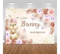 Caheansi Telón de fondo floral de 7 x 5 pies, diseño de conejito floral para niñas, baby shower, flores bohemias, conejo, día de Pascua, fondo de fotografía A Little Bunny is On The Way Banner Photo