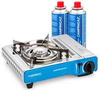 CAHERSA Pack Campingaz Camp Bistro DLX + 2 Cartuchos CP250 | Hornillo de Gas Portátil 2200 W de Acero Inoxidable | Encendido Piezoeléctrico, Safety-Lock y Regulador de Llama | Camping y Exterior