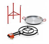 CAHERSA Pack Paellero Gas Butano Garcima 50 cm + Paellera Valenciana de Acero Pulido 60 cm + Trípode Rojo Reforzado, Quemador de 2 Aros para Paellas en Exterior