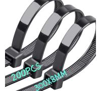 Caiery 200 bridas largas grandes de 300 mm x 8 mm, resistentes a los rayos UV, ultra fuertes, con 70 kg de resistencia a la tracción, color negro