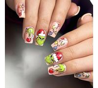 Caiguoer 24 unids Navidad uñas falsas rojo largo clavos falsos Santa Hat impresión en las uñas para la mujer (A)