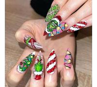 Caiguoer 24 unids Navidad uñas falsas rojo largo clavos falsos Santa Hat impresión en las uñas para la mujer (B)